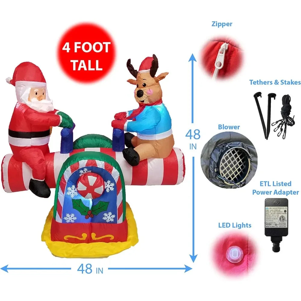 Christmas Inflatable 4 Foot Animated Santa Claus and Reindeer on Teeter Totter Outdoor Yard Decoration Christmas Inflatable