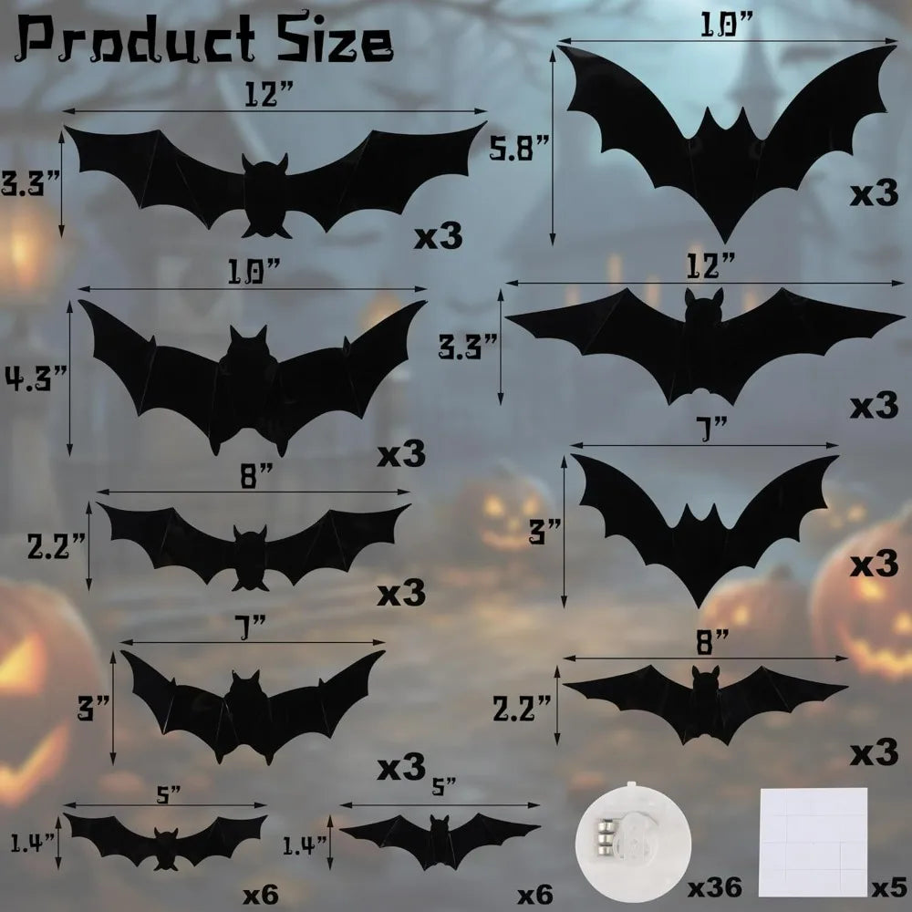 12-24-36 pcs Halloween Bats Wall Decor - Lighted 3D Bat Stickers for Party Window Door