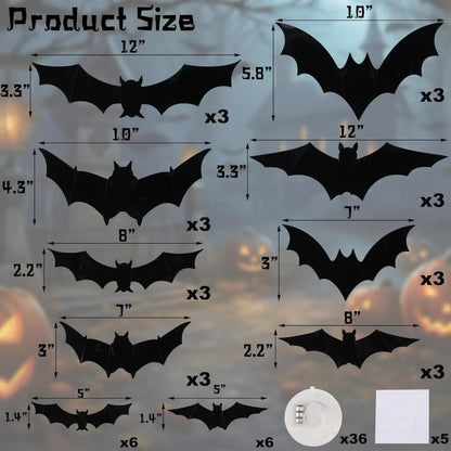 12-24-36 pcs Halloween Bats Wall Decor - Lighted 3D Bat Stickers for Party Window Door