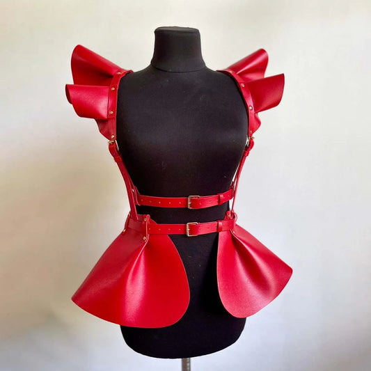 Leather Body Harness Belt Skirt With Ruffle Hem Gothic Style