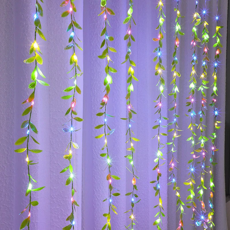 Willow Leaves Green Plants Rattan Strips Curtain Led Lights