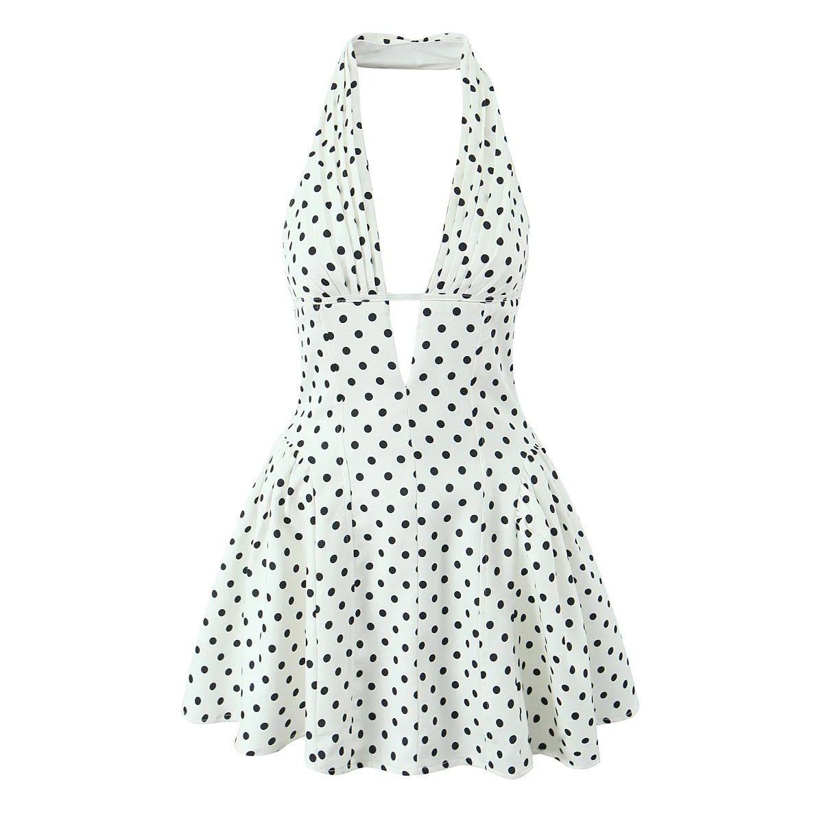YENKYE French Style Retro Polka Dot Deep V Halter Dress