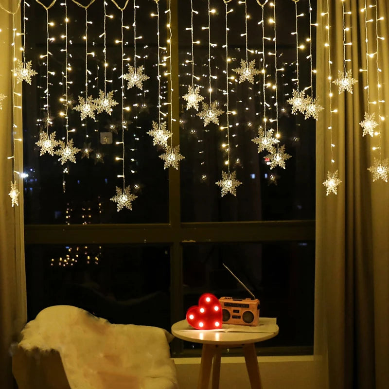 3.2M Christmas Snowflakes LED String Lights Flashing Fairy Curtain Lights