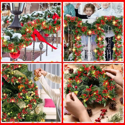 Christmas Holly Berry Vines Fake Green Leaves Hanging Garlands with Light Strings f