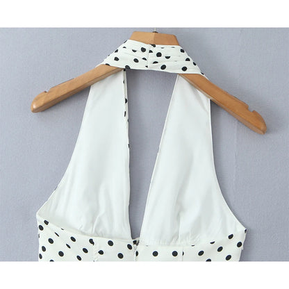 YENKYE French Style Retro Polka Dot Deep V Halter Dress