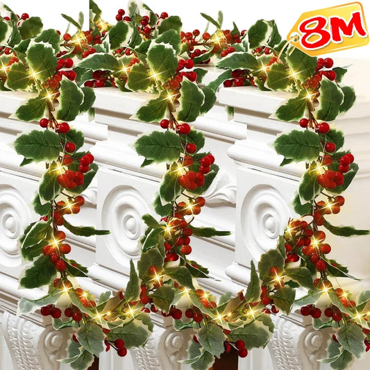 Christmas Holly Berry Vines Fake Green Leaves Hanging Garlands with Light Strings f