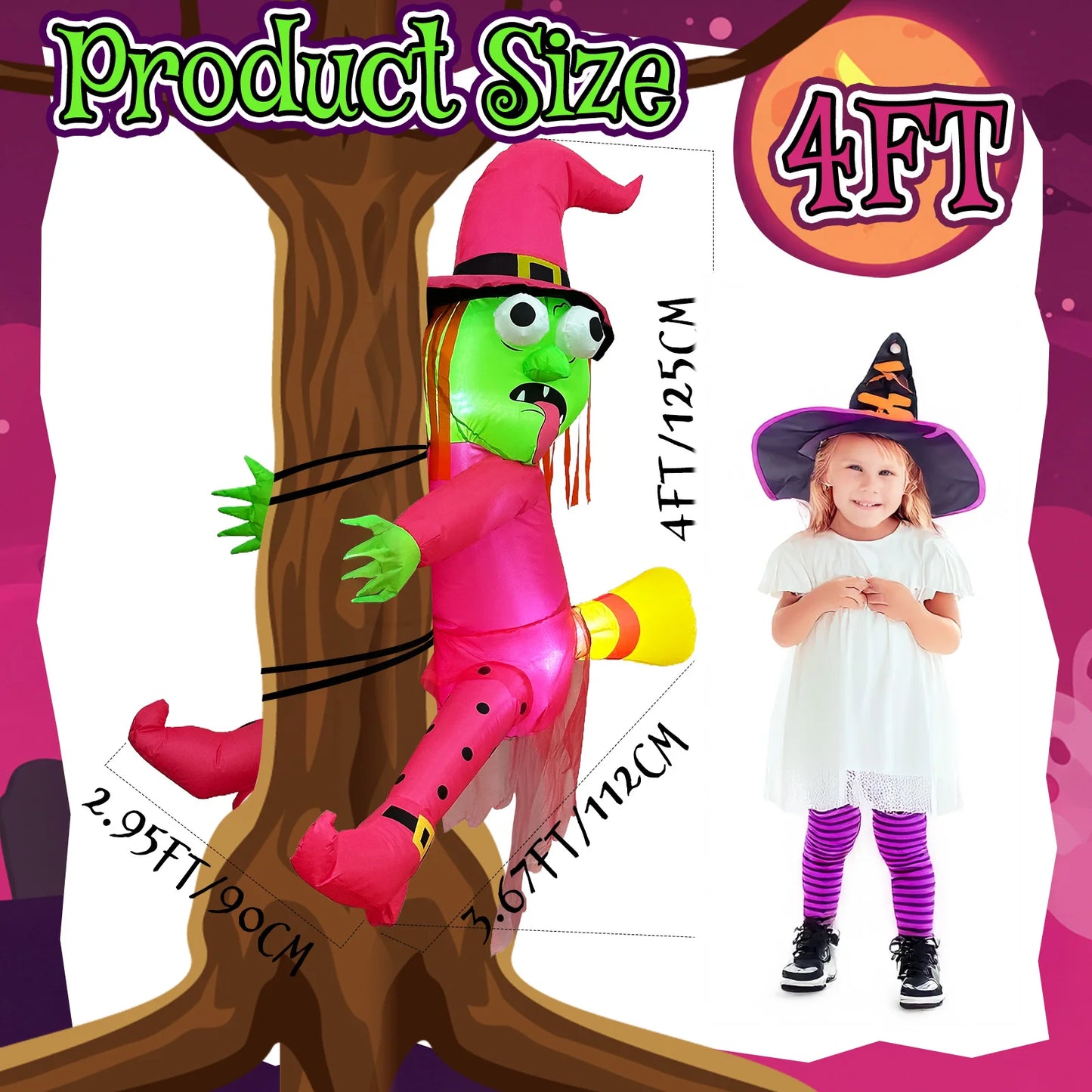 OurWarm 4/8/10 FT Inflatables Witch Crashing into Tree/Dog Pulling