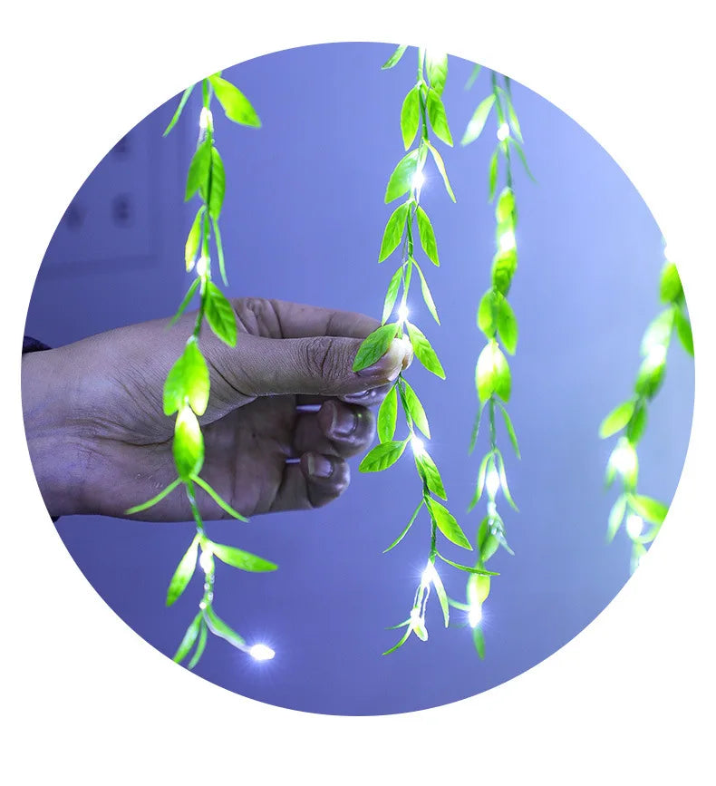 Willow Leaves Green Plants Rattan Strips Curtain Led Lights