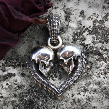 Vintage Gothic Double Skull Heart Pendant Necklace for Men and Women