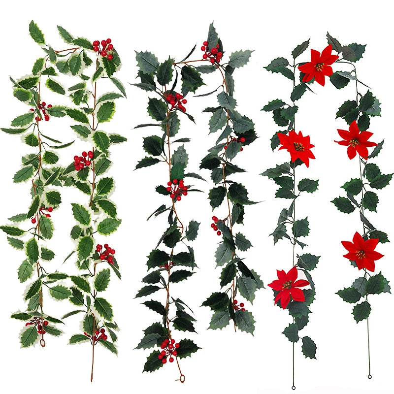 Artificial Holly Leaves Red Berries Ivy Vine Garland