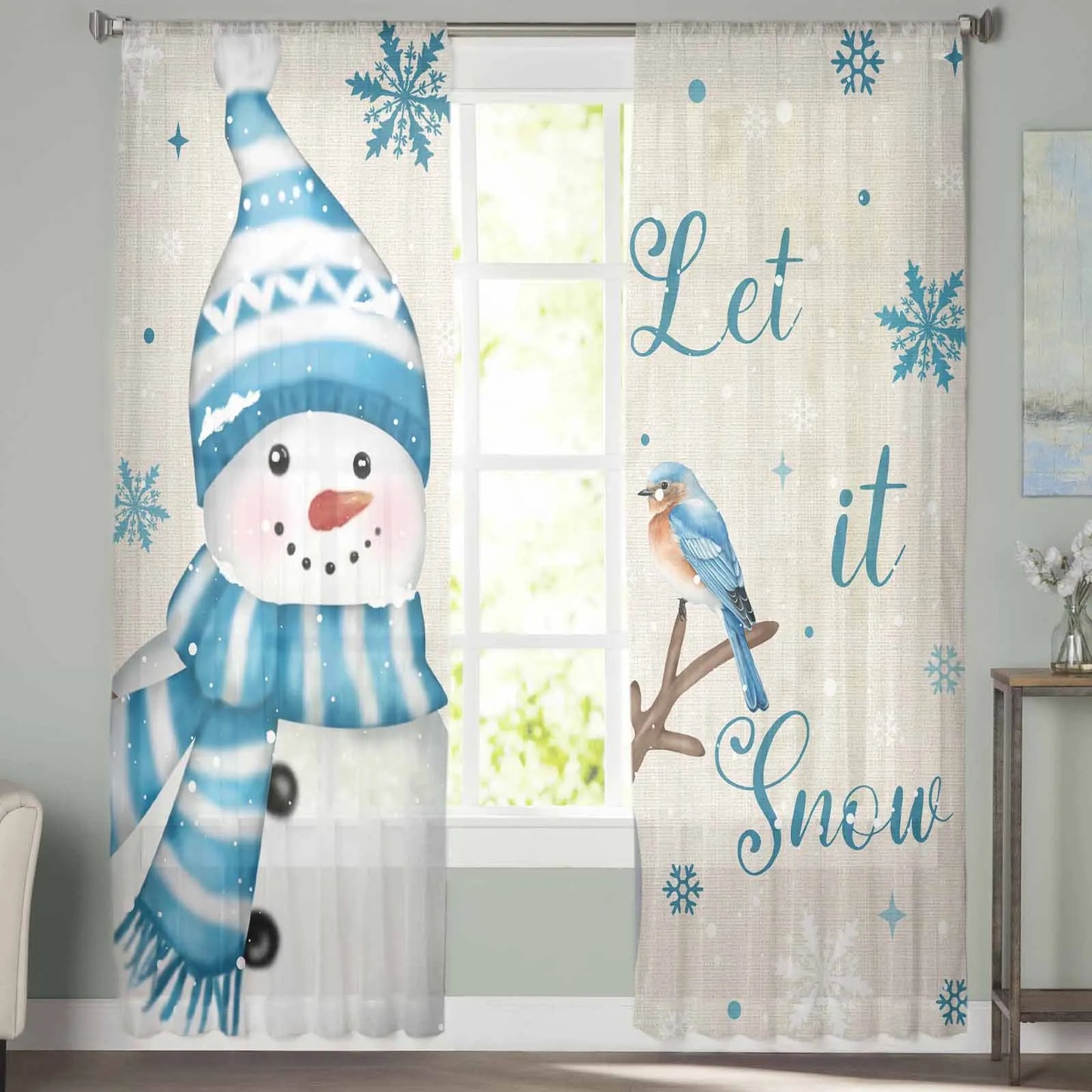 Snowman Snowflake Mockingbird Sheer Curtains