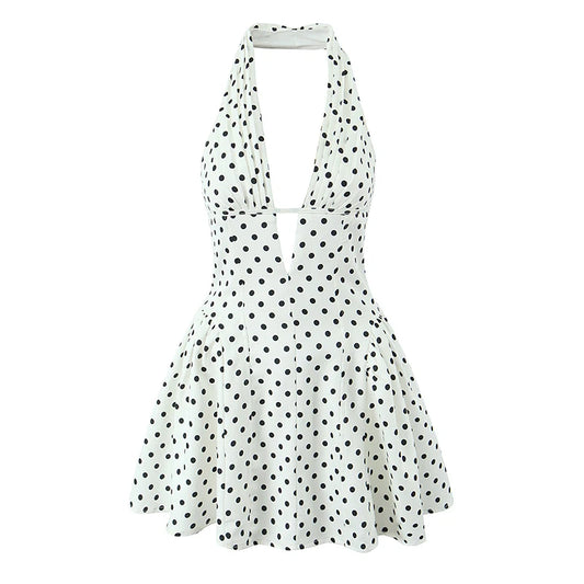 YENKYE French Style Retro Polka Dot Deep V Halter Dress