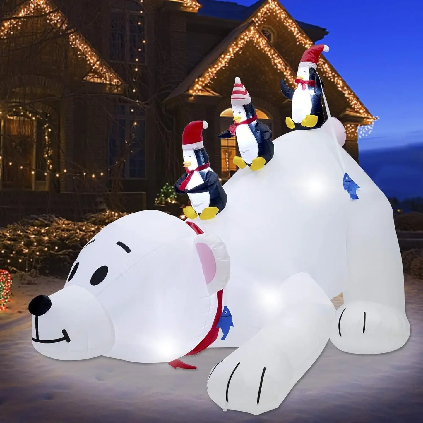 Christmas 7.7(L) x 6 FT(H) Inflatables Lighted Polar Bear with Three Penguins