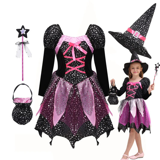 4 Pieces Witch Clothing Set Dress+Hat+Wand+Bag