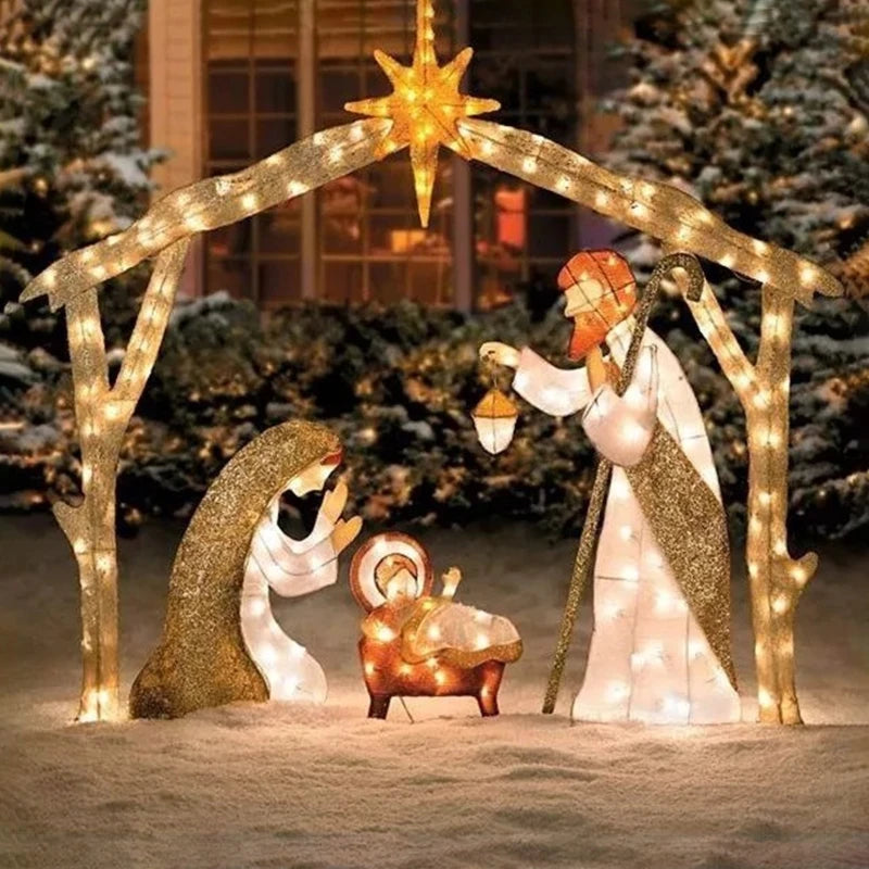 Nativity Scene Ground Insert Card Ornament with LED String Lights