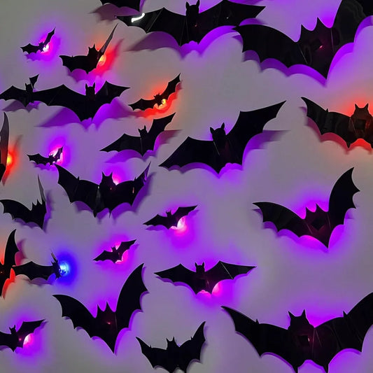 12-24-36 pcs Halloween Bats Wall Decor - Lighted 3D Bat Stickers for Party Window Door