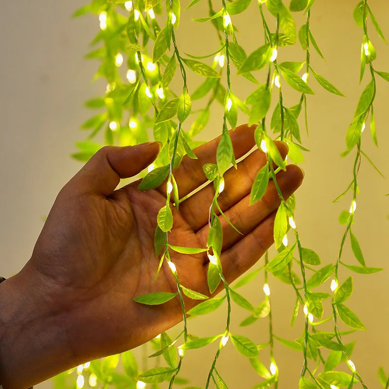 Willow Leaves Green Plants Rattan Strips Curtain Led Lights