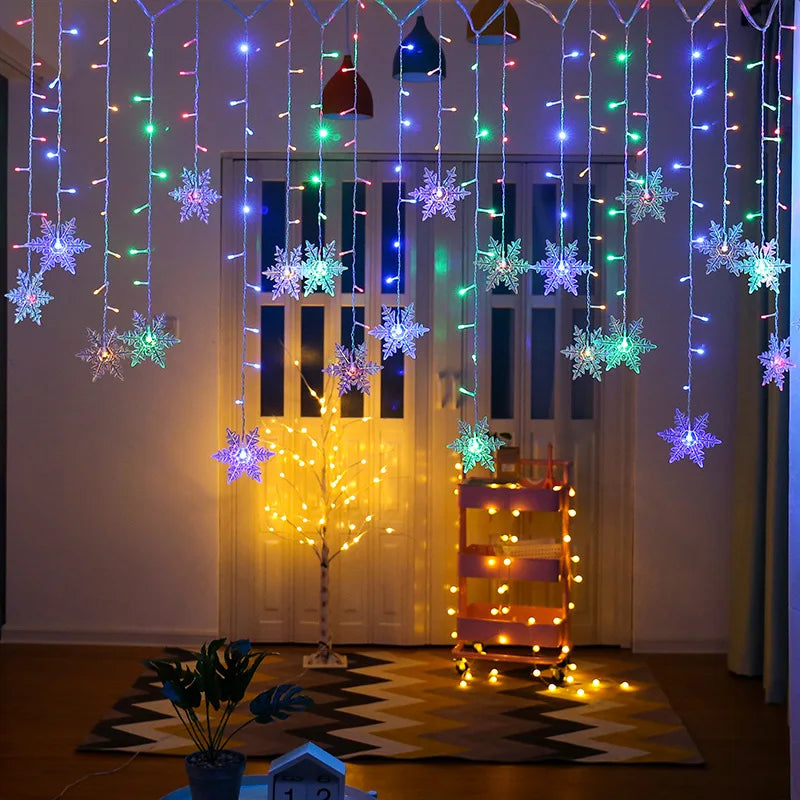 3.2M Christmas Snowflakes LED String Lights Flashing Fairy Curtain Lights