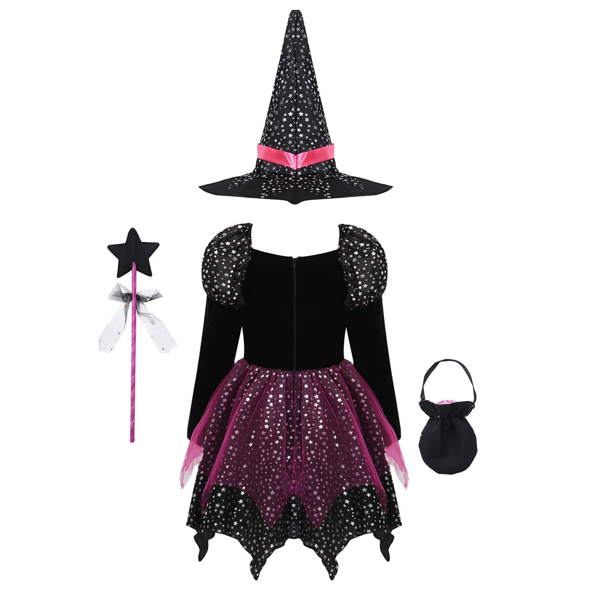 4 Pieces Witch Clothing Set Dress+Hat+Wand+Bag