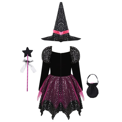 4 Pieces Witch Clothing Set Dress+Hat+Wand+Bag