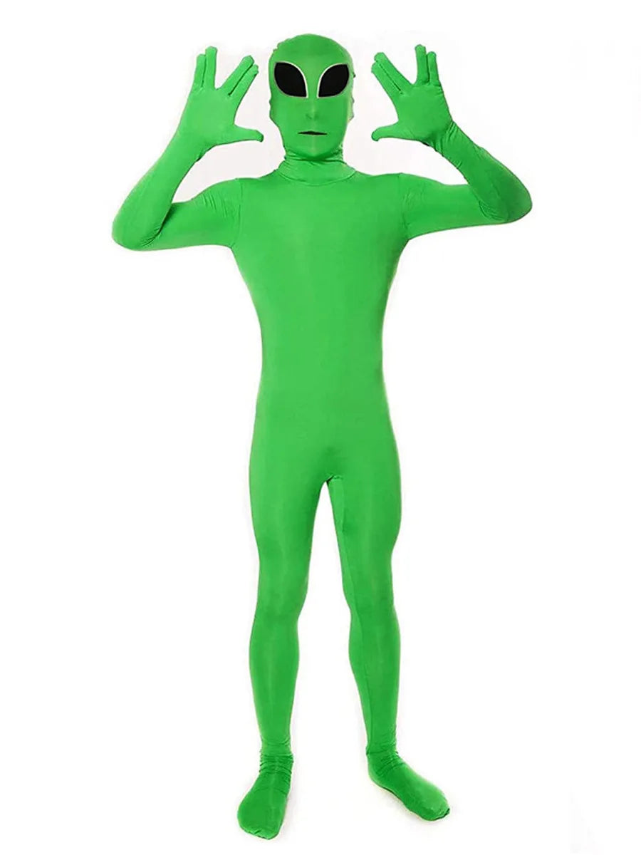 Halloween Mascot Cartoon Human Character Costume green Alien jumpsuit Costume for Adult