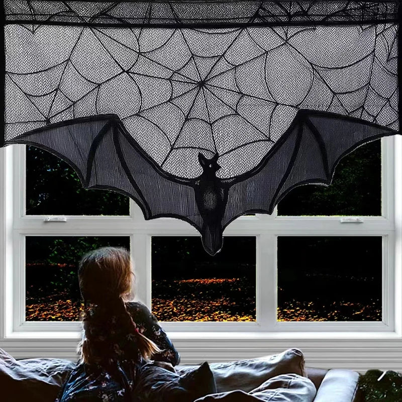 1pc Halloween Lace Curtain Black Bat Spider